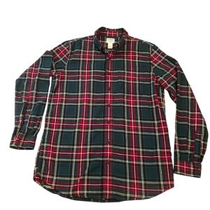 LL Bean Mens Slim Fit Tall Flannel Shirt Green Red Plaid Cotton 511508 L-Tall